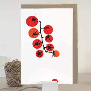 May include: A white card with a red and black illustration of a tomato vine with red tomatoes. The tomatoes are painted in a simple, abstract style.