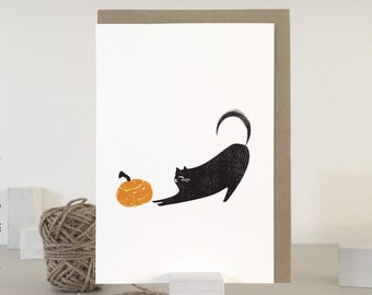 Black Cat Halloween Card: Cheeky Kitty & Pumpkin