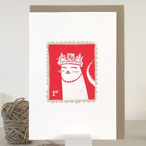 Carte de timbre de chat de reine | Carte de voeux chat mignon | Art numérique | Carte de vœux du Royaume-Uni | Timbre Royal Mail | Carte de tous les jours | Art de chat
