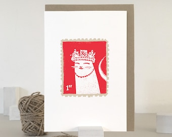 Queen Cat Stamp Card | Cute Cat Greeting Card | Digital Art | UK Greeting Card | Royal Mail Stamp | Everyday Card | Cat Art