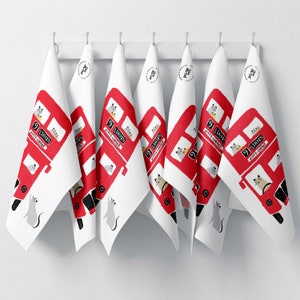 London Bus Cat Tea Towel | Dish Towel | Kitchen Towel | 100% premium cotton tea towel with hanging loop