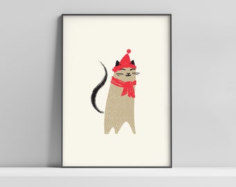 Christmas Hat Cat Print | Cat Print | Digital Art | Minimalist Cat Art | Grey Cat | Cat Mom Gift | Cat Art | Cool Cat