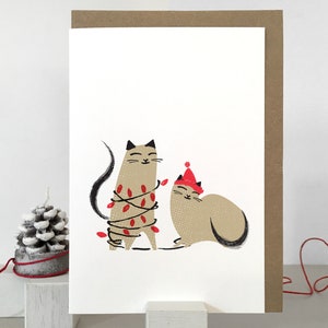 Cute Two Cats in Lights Christmas Card | Cat Greeting Card | Xmas Cat Card | Cat Holiday Card | Cheeky Cat | Naughty Cat | Cute Cat Art
