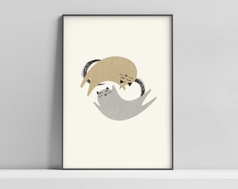 Two Cats Valentine's Day Print | Cute Cat Print | Digital Art | Minimalist Cat Art | Love Print | Valentine’s Gift | Anniversary Gift | Cat