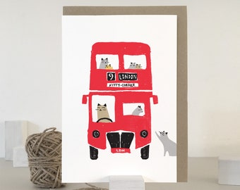 London Red Bus Cat Card | Cute Cat Greeting Card | Digital Art | London Greeting Card | London Bus Art | Everyday Card | Cat Art