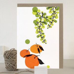 May include: A white card with a green and yellow vine design and three orange fruit illustrations.