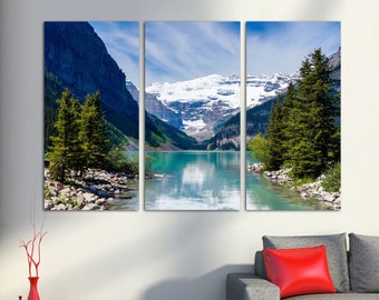 Lake Louise Decor Rocky Mountains Wall Art Canvas Print Landscape with Victoria Glacier in Alberta, Canada - Giclee - Home office wall decor