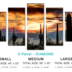 May include: A five-panel canvas print featuring a desert sunset scene. Silhouetted saguaro cacti stand against a vibrant sky of orange, yellow, and purple hues. The total sizes are 40" x 22", 60" x 32", and 80" x 42".