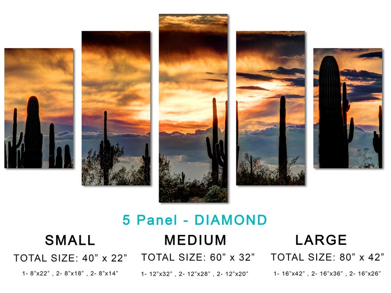 May include: A five-panel canvas print featuring a desert sunset scene. Silhouetted saguaro cacti stand against a vibrant sky of orange, yellow, and purple hues. The total sizes are 40" x 22", 60" x 32", and 80" x 42".