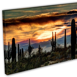 May include: A canvas print of a desert landscape at sunset. Silhouetted saguaro cacti stand in the foreground against a vibrant sky of orange, yellow, and dark clouds. The artwork captures the beauty of the desert.