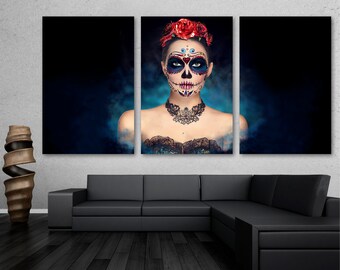 Sugar Skull Wall Art Canvas Print. Dia De Los Muertos, Day of the Dead Zombie girl Face art print of woman -Giclee print wall art Wall Decor