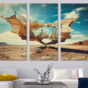 May include: A three-panel canvas print showcasing a surreal landscape. A heart-shaped rock formation frames a distant castle under a blue sky with clouds. The foreground depicts a desert scene with cracked earth and sparse vegetation.