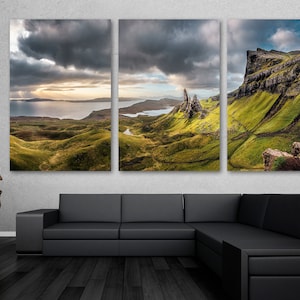 Old Man of Storr Wall Art Landscape Canvas Print at Scotland&#39;s Isle of Skye, Hebrides with cloudy skies - Giclee wall decor, home decor art