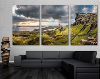 Old Man of Storr Wall Art Landscape Canvas Print at Scotland's Isle of Skye, Hebrides with cloudy skies - Giclee wall decor, home decor art