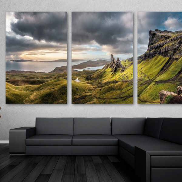 Old Man of Storr Wall Art Landscape Canvas Print at Scotland's Isle of Skye, Hebrides with cloudy skies - Giclee wall decor, home decor art