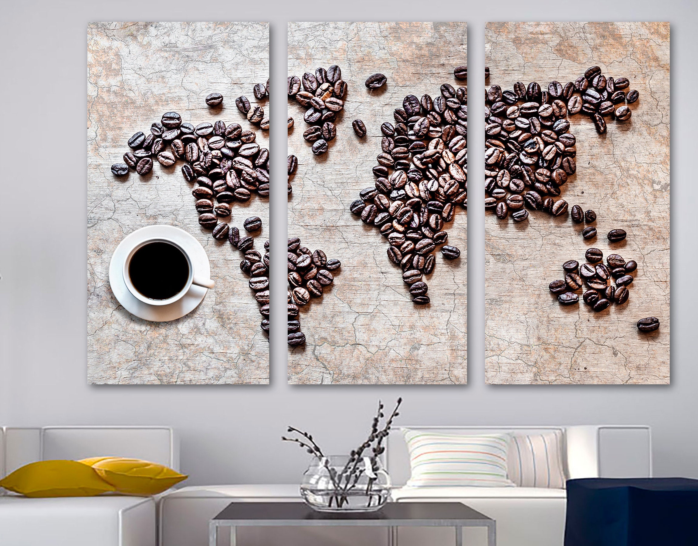 World Map Coffee Bean Canvas Print Wall Art, Coffee Shop Art