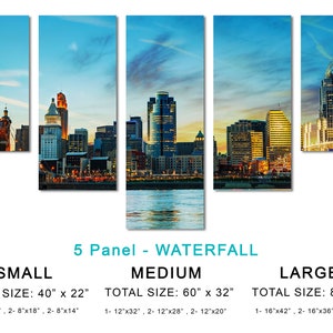 Cincinnati City Skyline Canvas Prints Large Wall Art. Ohio Panoramic Cityscape w blue skies. Giclee home office wall decor, interior design 5 Panel Waterfall