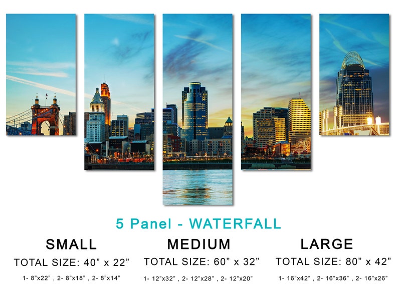 Cincinnati City Skyline Canvas Prints Large Wall Art. Ohio Panoramic Cityscape w blue skies. Giclee home office wall decor, interior design image 7