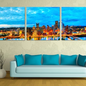 Pittsburgh Pennsylvania skyline at sunset Canvas Print. 3 Piece Large Panoramic City & Monongahela River. Giclee wall decor, Interior design
