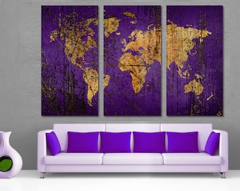 Abstract Purple World Map Canvas Print - 3 Panel Split (Triptych). Dark KSU Purple art for home wall decor & interior design, room decor.