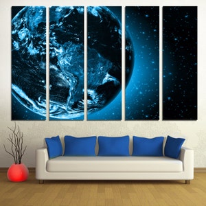 Dark Blue Earth from Space - 5 Panel Split Canvas Print. Planet earth digital art print for interior design, home or office wall decor.