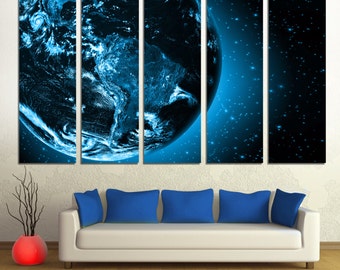 Dark Blue Earth from Space - 5 Panel Split Canvas Print. Planet earth digital art print for interior design, home or office wall decor.