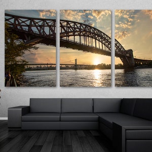 Hell Gate Bridge and Triborough bridge Canvas Print Set wall beige skies, Astoria Park, New York - Giclee home wall decor interior design