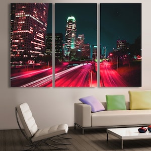 Downtown LA, Los Angeles City skyline Canvas Print. 3 Panel Split, Triptych. Pink-red freeway for home or office wall decor, interior design image 1