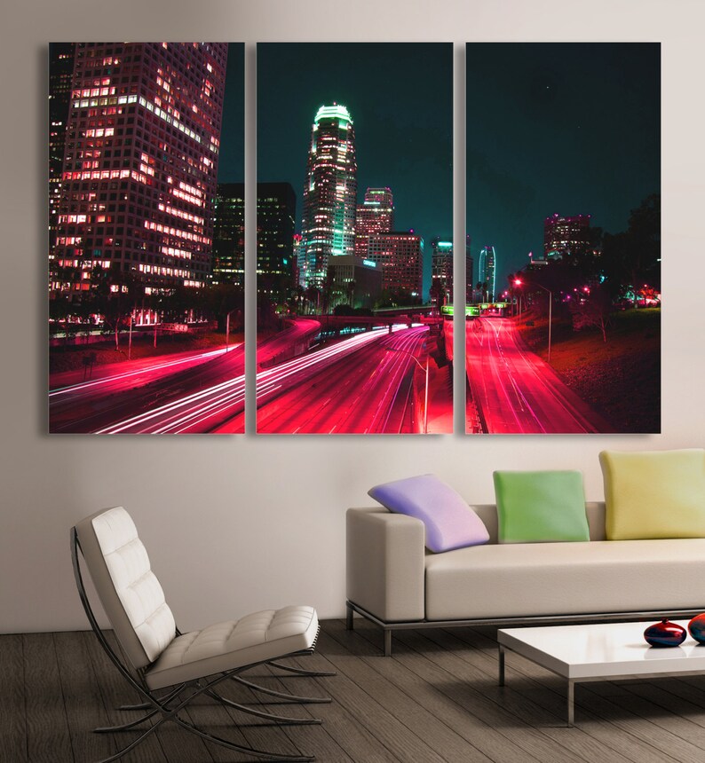 Downtown LA, Los Angeles City skyline Canvas Print. 3 Panel Split, Triptych. Pink-red freeway for home or office wall decor, interior design image 1