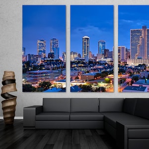 Impression sur toile d&#39;art mural Fort Worth Texas pendant la soirée. Ligne d&#39;horizon de Fort Worth, impression d&#39;art mural Fort Worth - décoration de bureau à domicile giclée, décoration murale