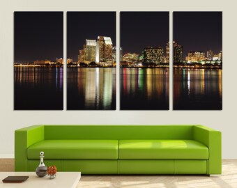 4 Panel Split, San Diego City skyline Panoramic Canvas Print - Nighttime photo print for home or office wall decor & interior design.
