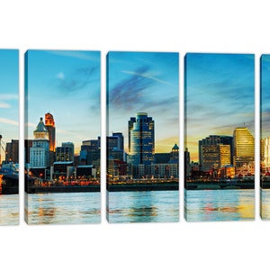 Cincinnati City Skyline Canvas Prints Large Wall Art. Ohio Panoramic Cityscape w blue skies. Giclee home office wall decor, interior design 5 Panel