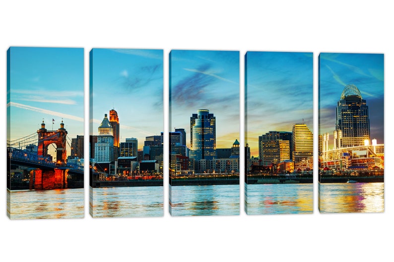 Cincinnati City Skyline Canvas Prints Large Wall Art. Ohio Panoramic Cityscape w blue skies. Giclee home office wall decor, interior design image 5