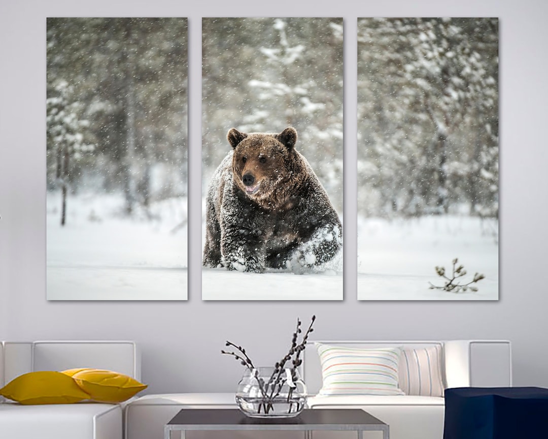 Brown Bear Canvas Wall Art Print. Bear Decor During Winter Blizzard