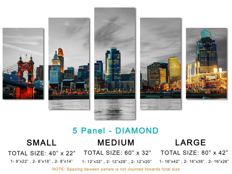 Pu&ograve; includere: Una stampa su tela a cinque pannelli a forma di diamante di una citt&agrave; notturna. La stampa presenta un ponte, edifici e un fiume. La stampa &egrave; disponibile in tre dimensioni: piccola (40" x 22"), media (60" x 32") e grande (80" x 42").