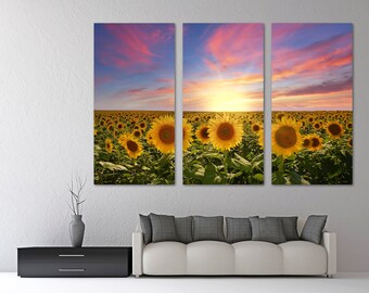 Sunflower fields sunset Canvas Print Wall Art. Floral and Botanical Landscape print decor - Giclee print wall art, Office Decor, Home Decor