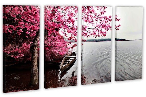 PINK TREES BOAT LAKE BEAUTIFUL CANVAS WALL ART PRINT PICTURE READY TO HANG