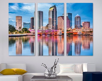 Tampa Bay Skyline Canvas Print Wall Art with blue skies. Tampa Florida city reflection print set - Giclee wall decor home decor office decor