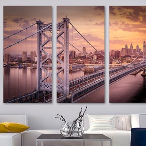 Toile d'art murale pont Benjamin Franklin avec horizon de Philadelphie au coucher du soleil