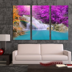 Cascading Forest Waterfall Canvas Wall Art Nature photography Giclee print for Living room, office wall decor. Purple trees & leafs