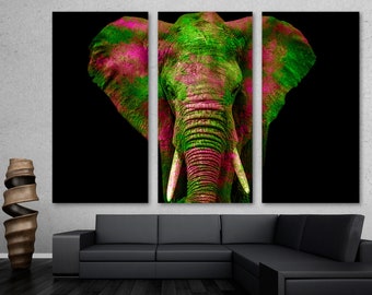 Watercolor Elephant Wall Art Canvas Print - Pink Green Elephant Art, wildlife art Decor - Giclee home art decor, wall decor, interior design