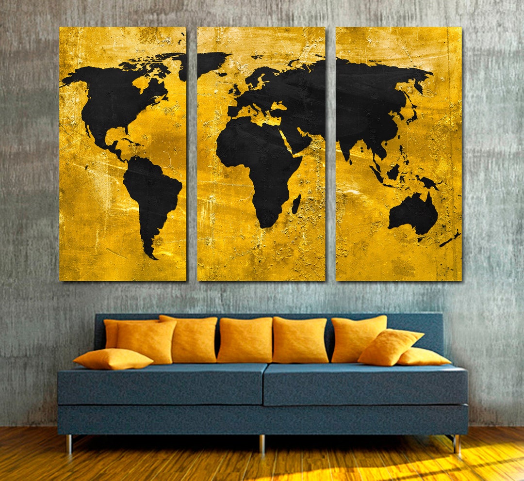 Gold and Black World Map Canvas Wall Art With Distressed Grunge Texture ...