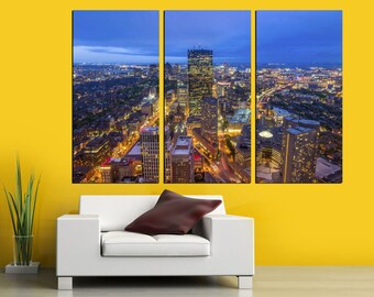 Boston City Skyline Canvas Print - 3 Panel Split (Triptych) - Boston Massachusetts Aerial View  print for interior design and wall decor.