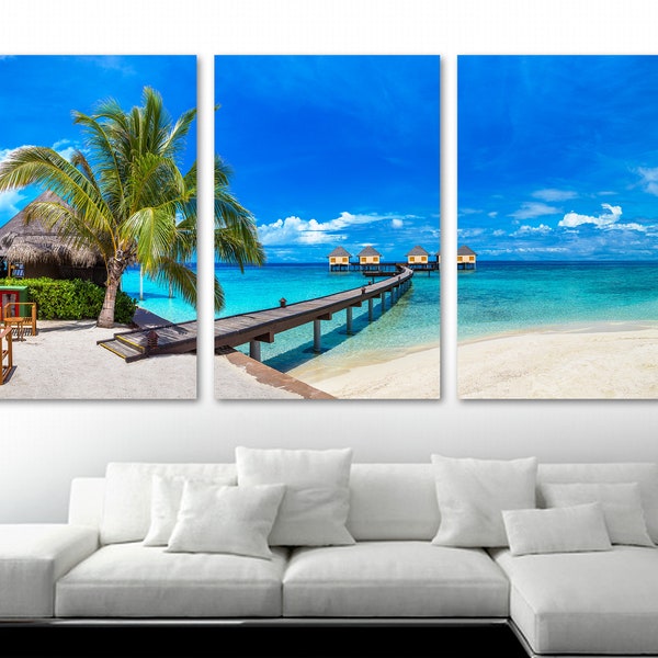 Maldives Tropical Bungalows Canvas Print, Tahiti Wall Art. Tropical Island Beach - Giclee art for home decor, wall decor, interior design