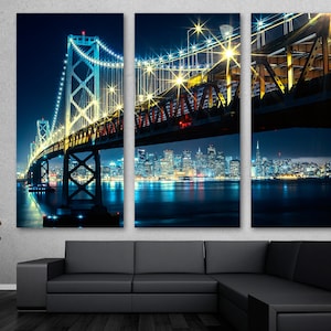 San Francisco Bay Bridge Wall Art Large Canvas Print at Night. SF Skyline & Bridge California Landmark - Giclee wall decor, interior design