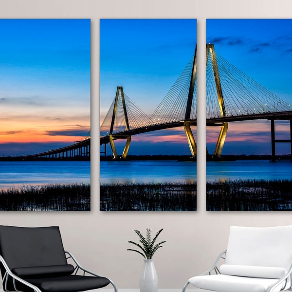 Arthur Ravenel Bridge, Charleston SC Canvas Print Wall Art - Multi panel architecture print at dusk wall decor, home decor, interior design