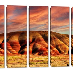 Painted Hills Canvas Print Wall art orange skies at John Day Oregon National Monument. Scenic Landscape Print Giclee home office wall decor 5 Panel