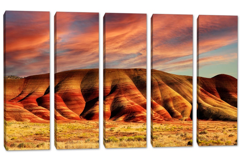 Painted Hills Canvas Print Wall art orange skies at John Day Oregon National Monument. Scenic Landscape Print Giclee home office wall decor 5 Panel