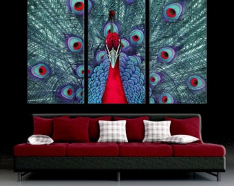 Red Peacock - 3 Panel Split, Triptych Canvas Print. Teal, red, blue colorful bird photography art for living room or office wall decoration.