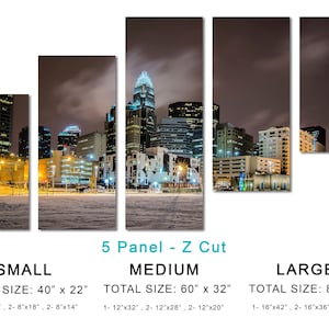 Charlotte NC Skyline Canvas Print Wall Decor City Art Print. Panoramic view during a winter night Giclee Home Office Decor, wall decor 5 Panel Z Cut